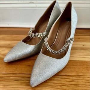Like New BCBGeneration Glitter Pointed-Toe Mary Jane Pumps with Crystal Strap